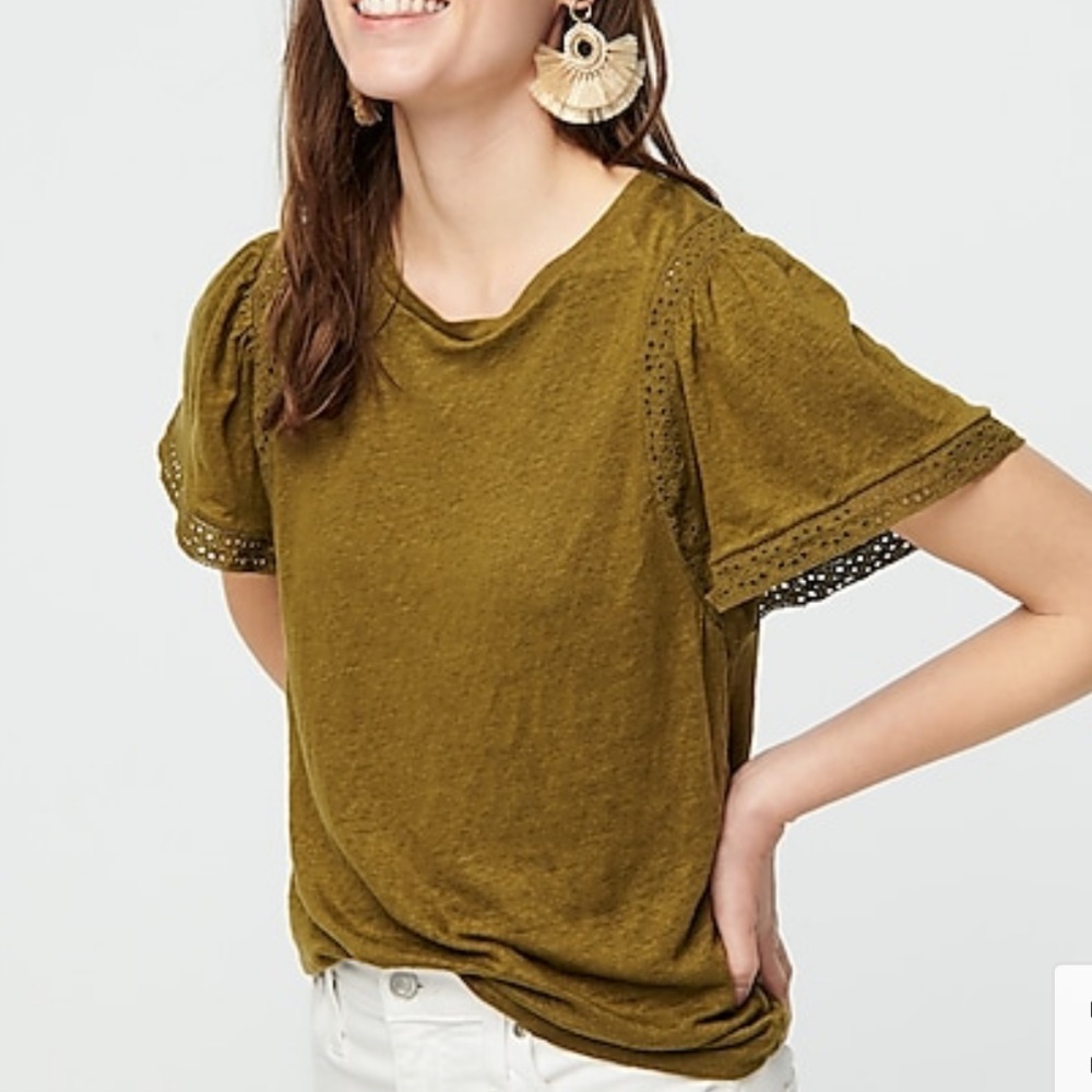 J.Crew Flutter-sleeve linen T-shirt with lace trim